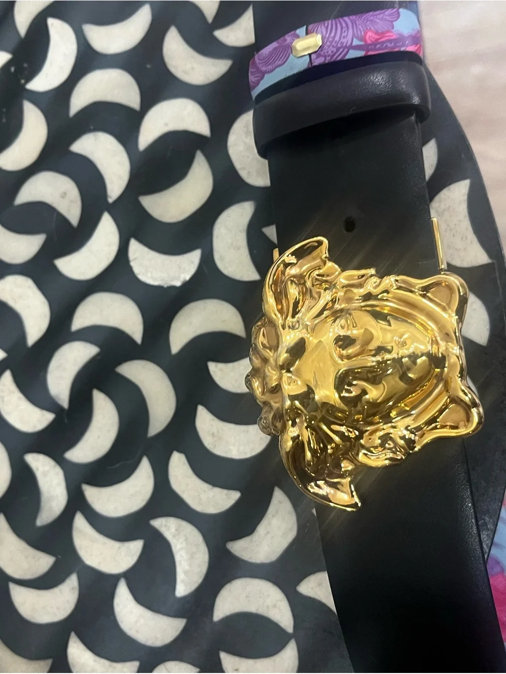 Versace Black Leather Belt w/ Gold Medusa Buckle ( reversible Pink Floral)
